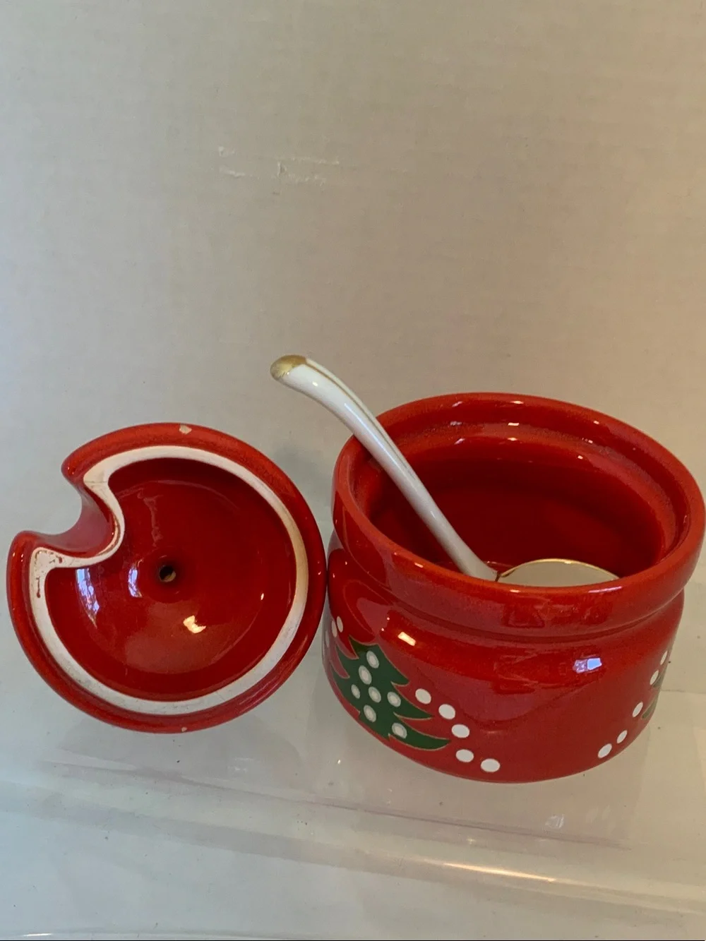 Festive Red Ceramic Holiday Sugar Jar with Spoon